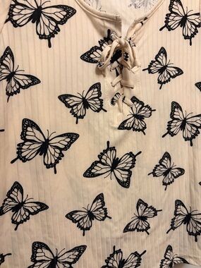 Women's Cream Lace-Up Short Sleeve Tee with Black Butterfly Print